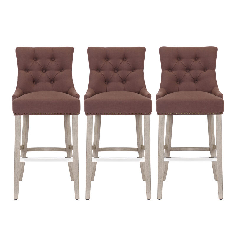 WestinTrends 29" Linen Fabric Tufted Upholstered Bar Stool (Set of 3), Antique Grey