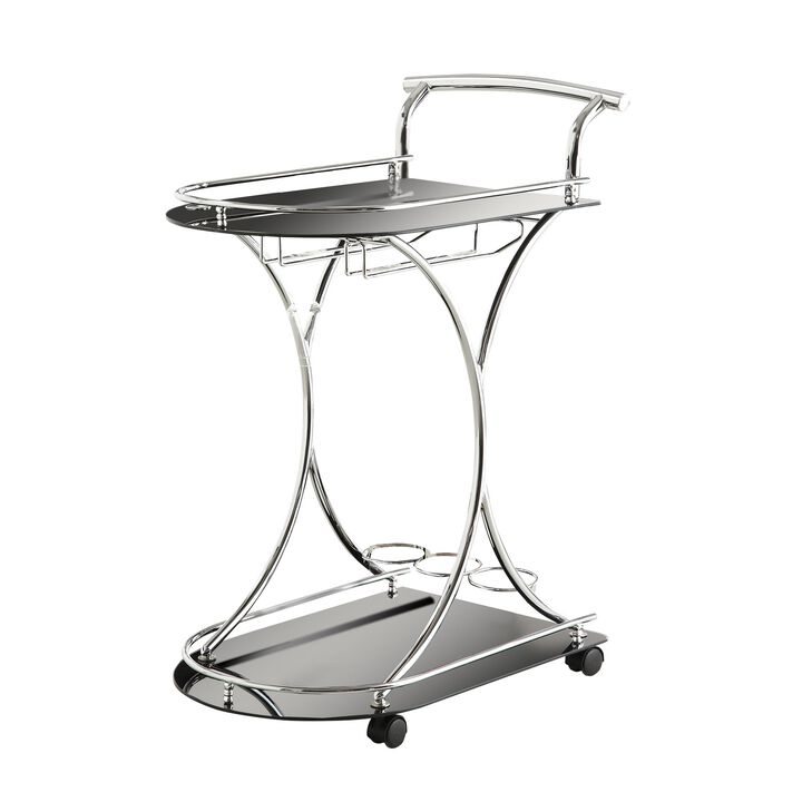Dazzling Serving Cart With 2 Black Glass Shelves, Silver-Benzara