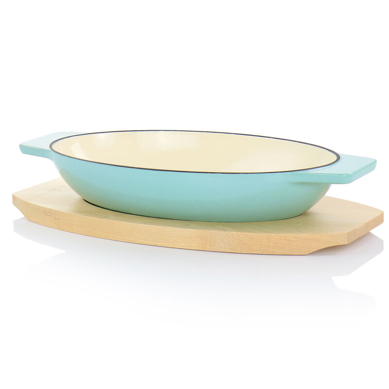 Martha Stewart 2 Piece Enameled Cast Iron Oval Casserole Birch Wood Trivet Set in Aqua