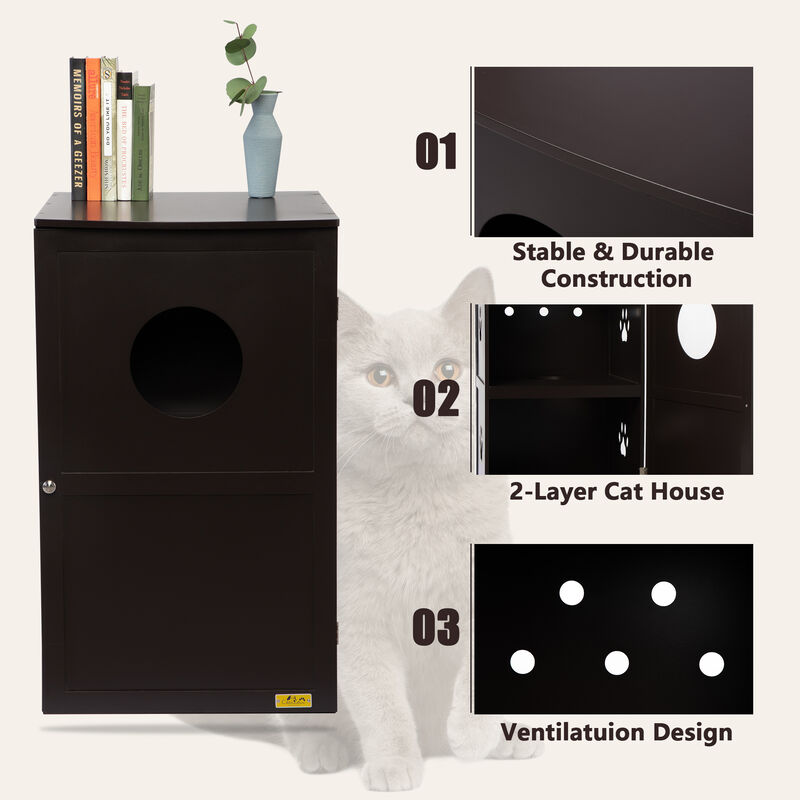 2-Tier Cat Litter Box Enclosure with Multiple Vents Brown