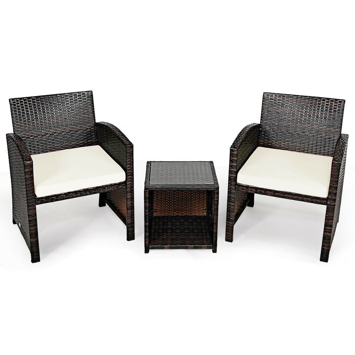3 Pieces PE Rattan Wicker Furniture Set with Cushion Sofa Coffee Table for Garden
