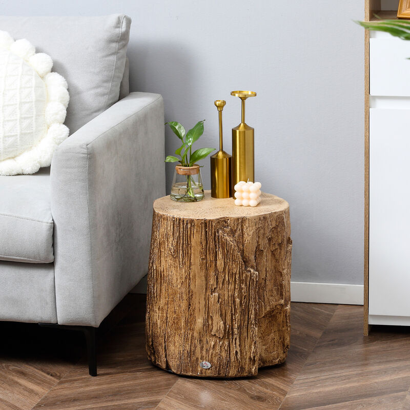 HOMCOM Tree Stump Stool, Decorative Side Table with Round Tabletop, Concrete End Table with Wood Grain Finish, for Indoors and Outdoors, Natural