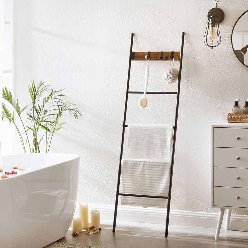 5-Tier Blanket Ladder with Hooks - Rustic Brown and Black, Industrial Metal Frame