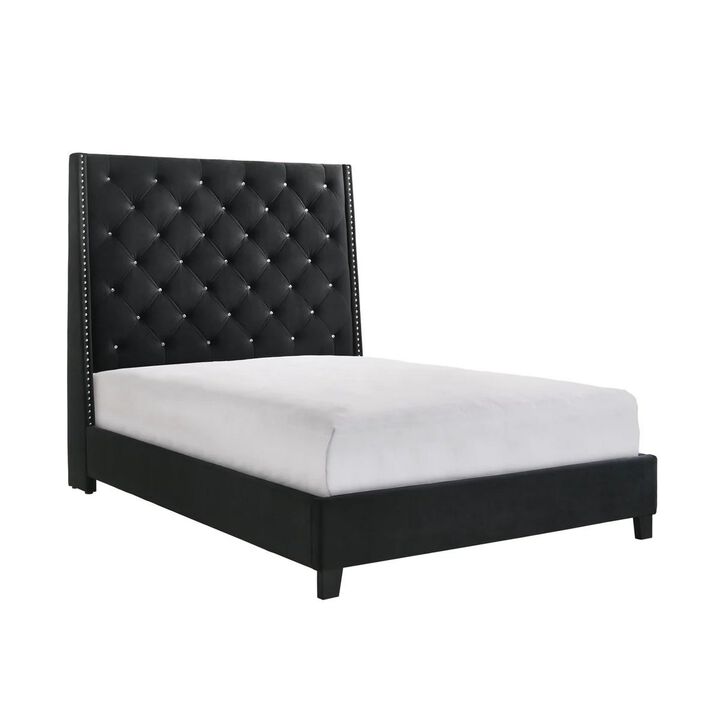 Benjara Maze King Size Bed, Button Tufted, Nailhead Trim, Black Fabric Upholstery