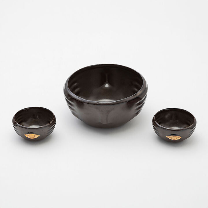 CHICHA Decorative Ceramic Bowls in Dark Green Glaze with Gold Luster Details, Set of 3, by ANDEAN, In Stock
