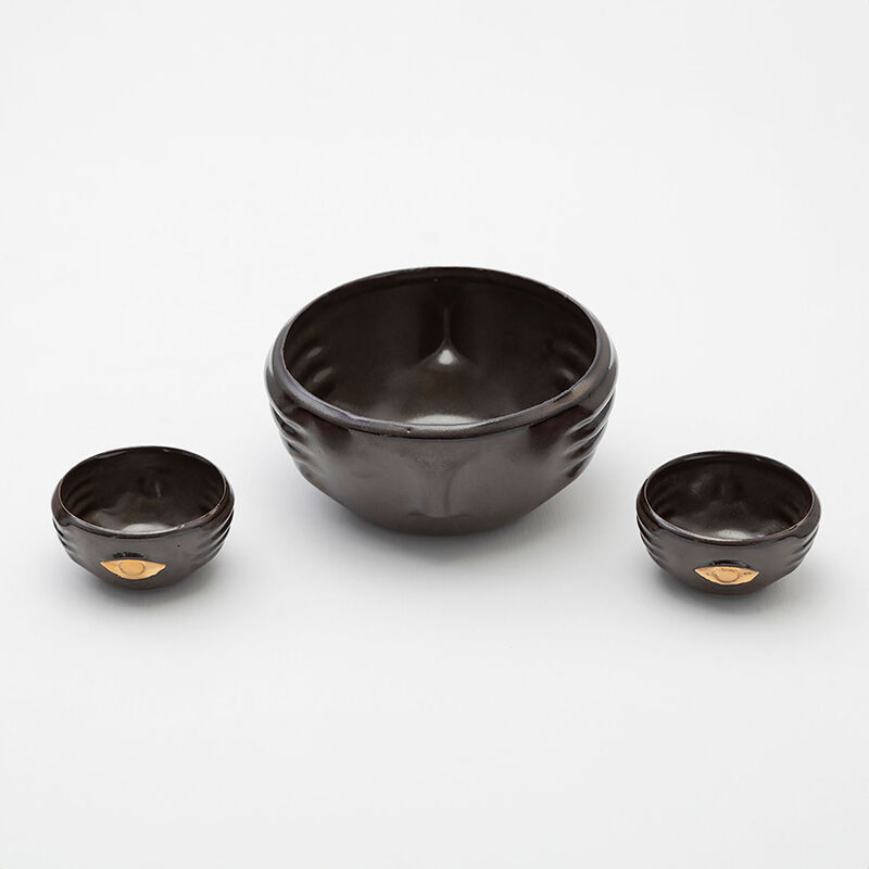 CHICHA Decorative Ceramic Bowls in Dark Green Glaze with Gold Luster Details, Set of 3, by ANDEAN, In Stock