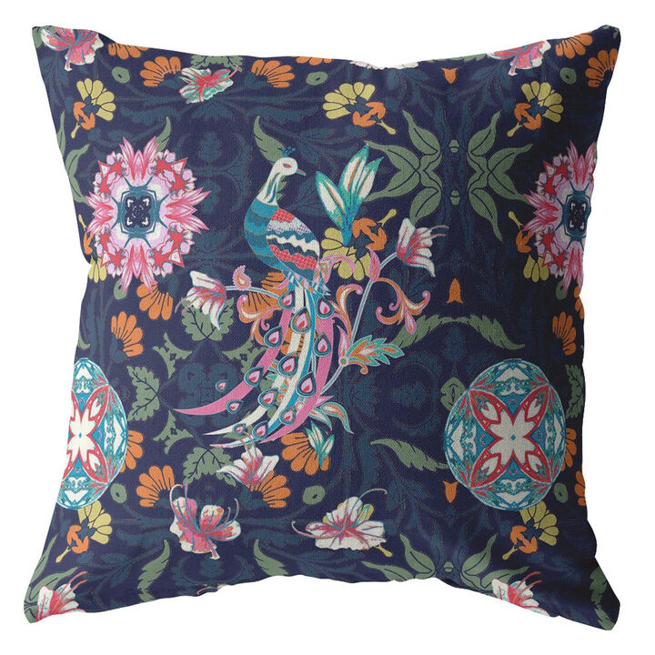 Hivvago 18" Navy Pink Peacock Zippered Suede Throw Pillow