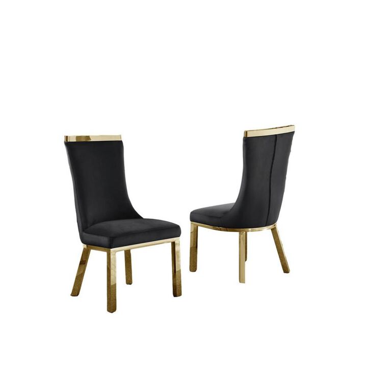 Upholstered dining chairs set of 2 in Black velvet fabric with gold colored stainless steel base