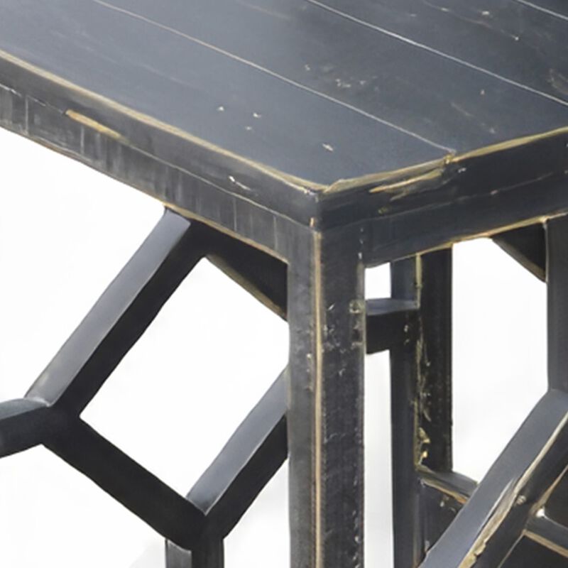 Rena 3 Piece Nesting Accent Table Set, Slatted, Rustic Black Mahogany - Benzara