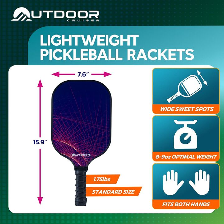 Outdoor Cruiser Pickleball Racket Set - Carbon Fiber USAPA Approved Lightweight Paddles with Polypropylene Honeycomb Core, Skill Levels, Includes 2 Rackets, a Sling Bag, 4 Balls, and 4 Grip Tapes