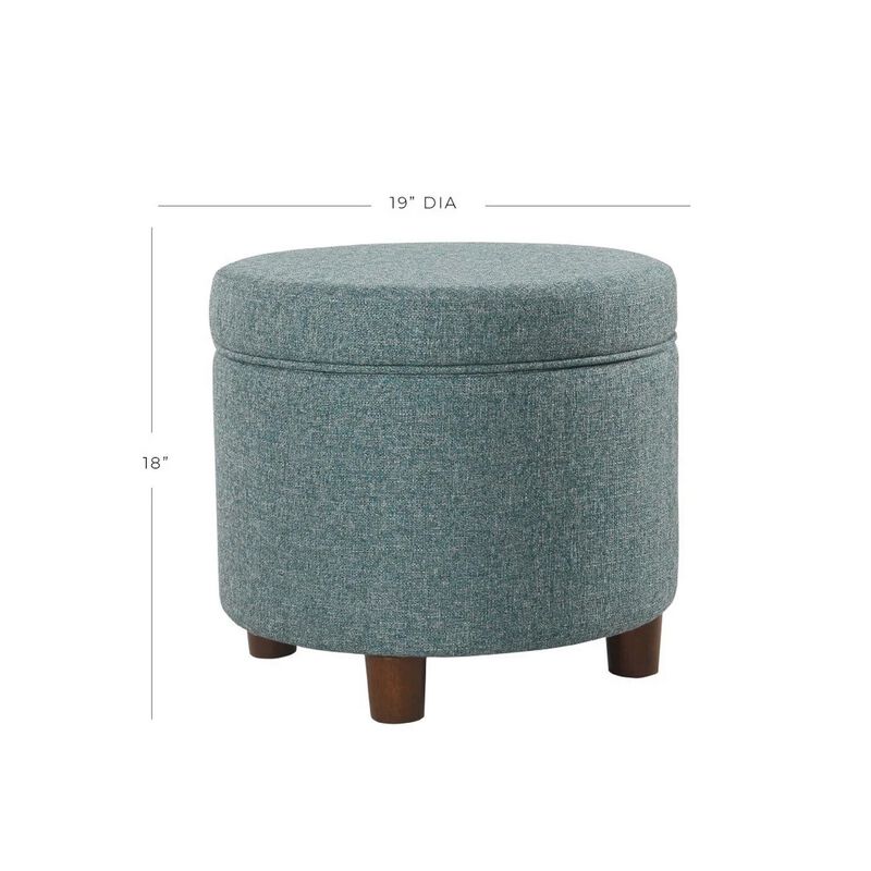 Fabric Upholstered Round Wooden Ottoman with Lift Off Lid Storage, Teal Blue - Benzara