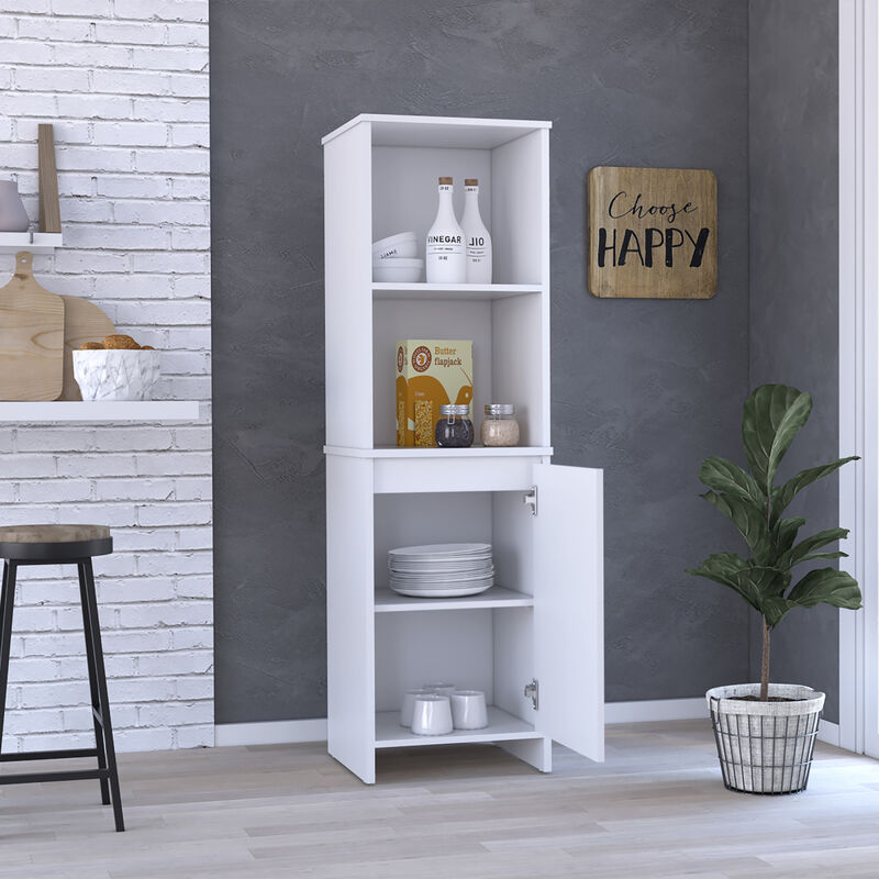 Eiffel Kitchen Pantry, Two External Shelves, Single Door Cabinet, Two Interior Shelves White - White