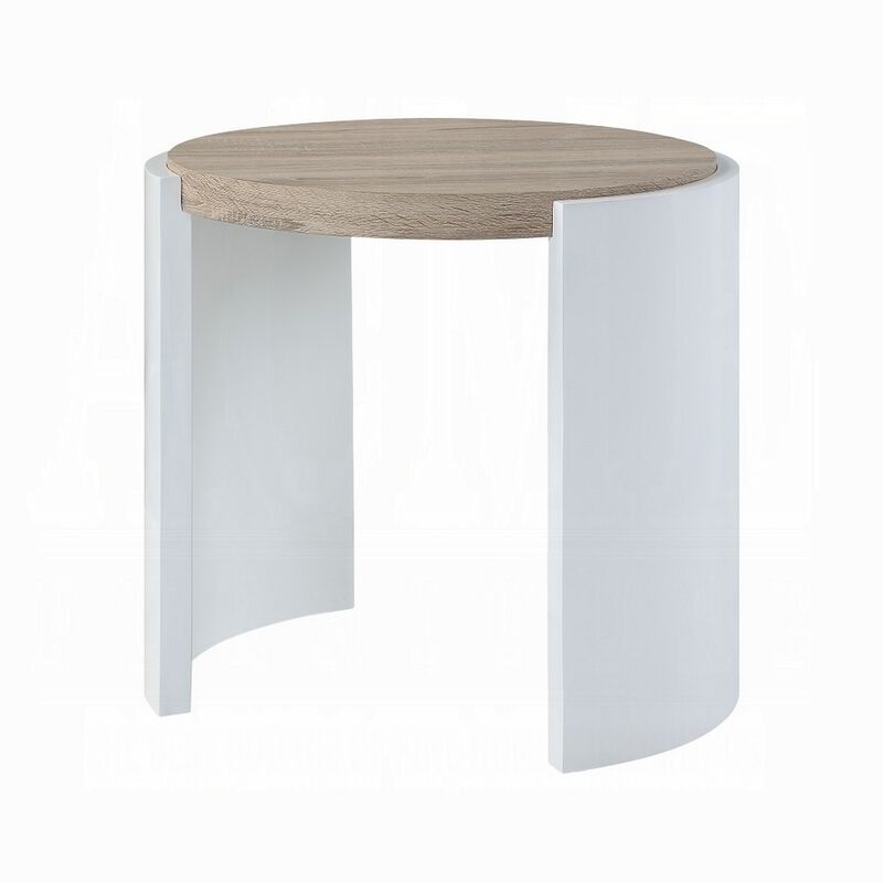 Romani Side End Table, White High Gloss Wood, Brown Top, Oval 26 Inch - Benzara