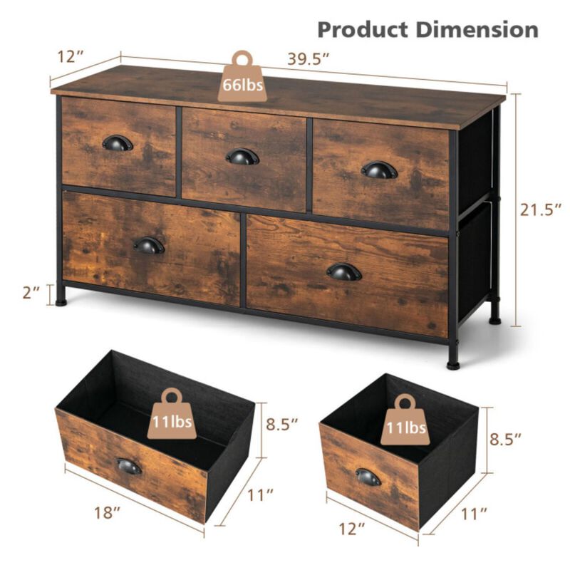 Hivvago Dresser Organizer with 5 Drawers and Wooden Top-Rustic Brown