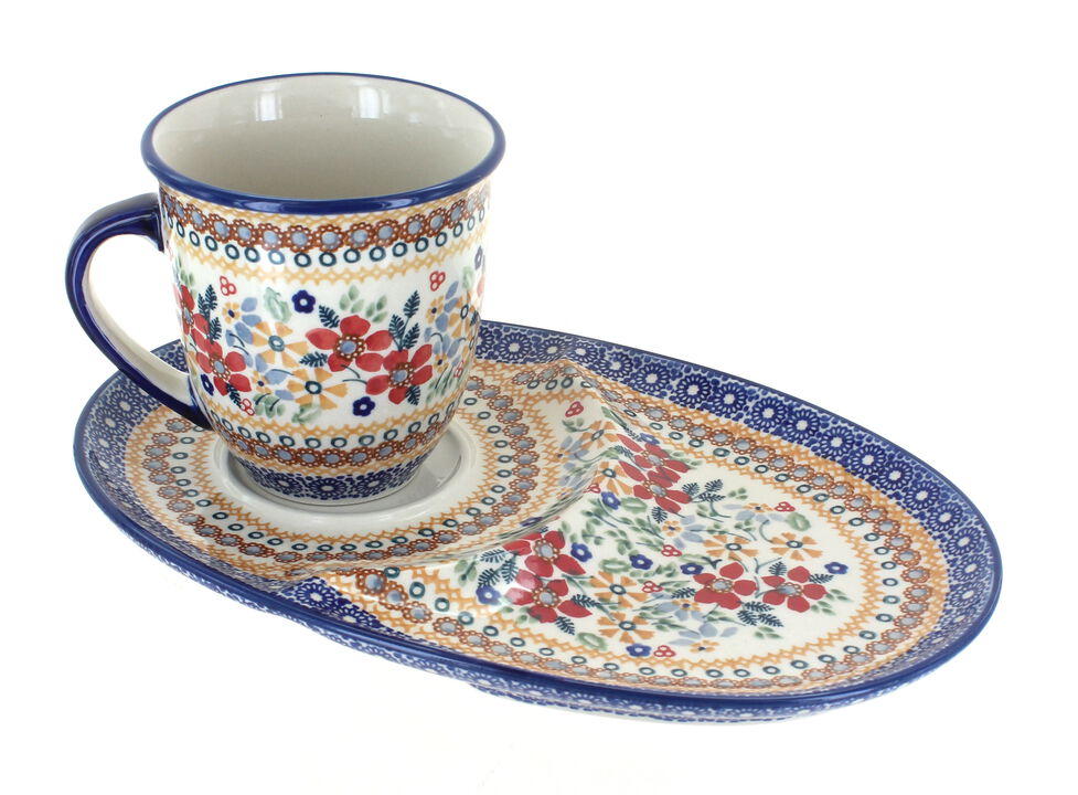 Blue Rose Polish Pottery Red Daisy Breakfast Plate with Breakfast Mug