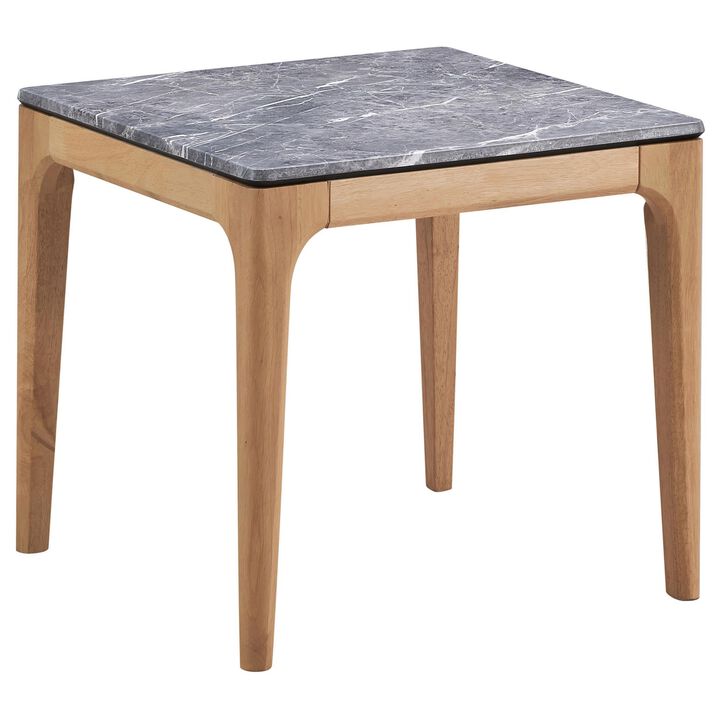 Aris Side End Table, 24 Inch Gray Faux Marble, Square Light Oak Wood - Benzara