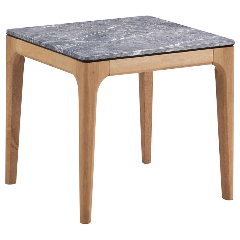 Aris Side End Table, 24 Inch Gray Faux Marble, Square Light Oak Wood - Benzara