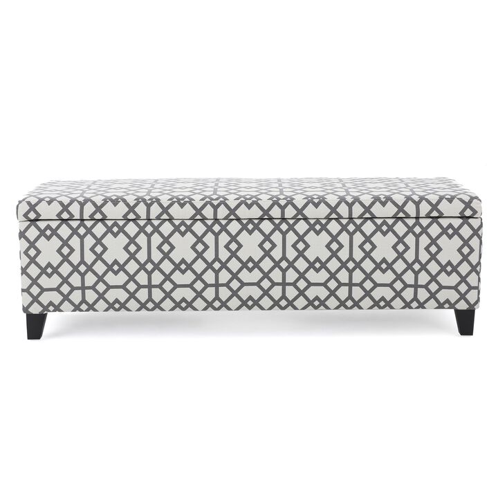 Flash Storage Ottoman Bench, Light Gray Geometric Print Fabric 51 Inch -Benzara