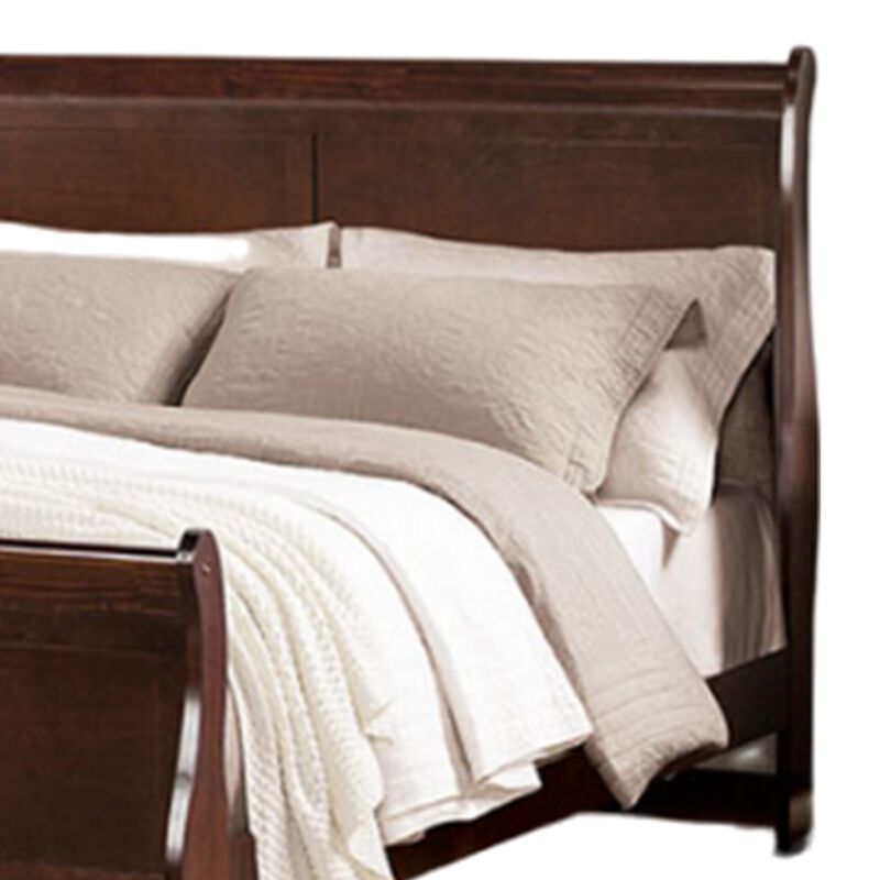 Ryla Queen Size Bed, Sleigh Panel Headboard, Dark Cherry Brown Solid Wood