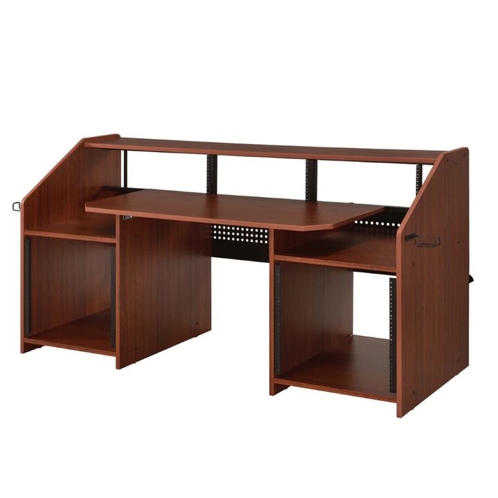 71 Inch Wood Music Desk Studio Workstation, 3 Shelves, Cherry Brown-Benzara