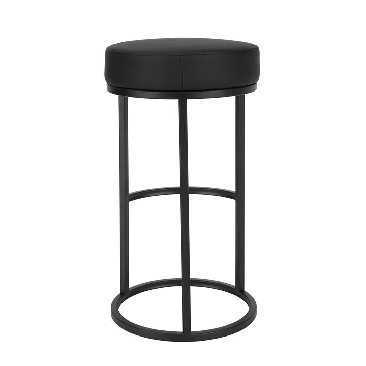 Tane 30 Inch Barstool, Round Black Faux Leather Padded Seat, Black Metal - Benzara