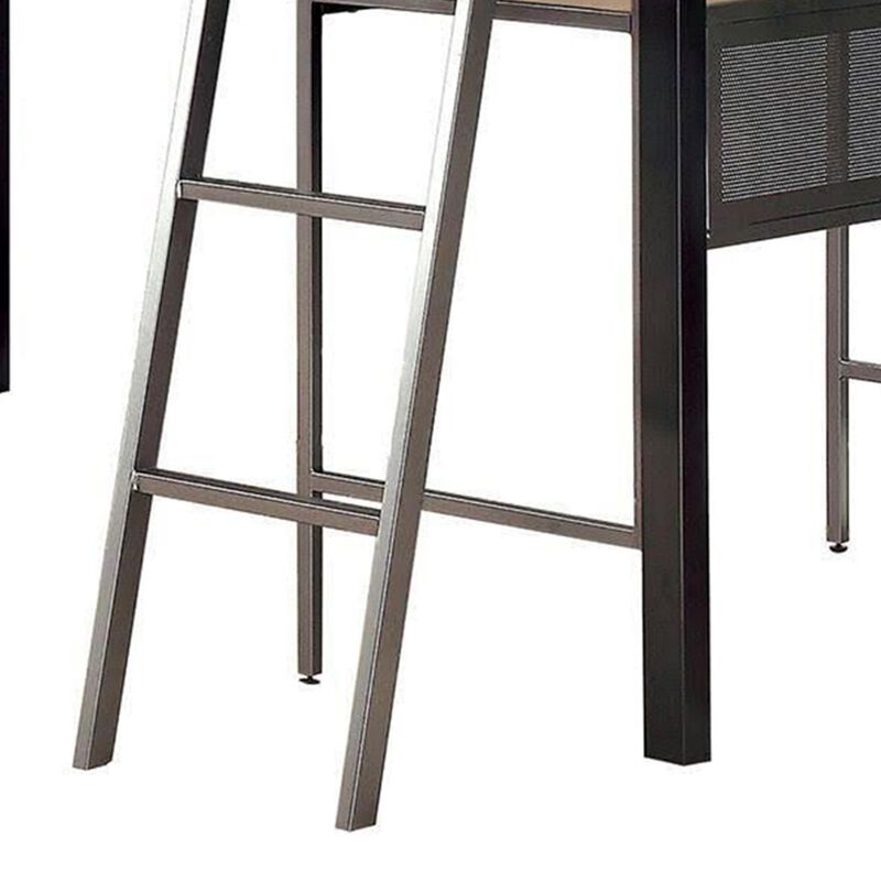 Benjara Triple Twin Size Bunk Beds with Desk and Ladders, Silver Metal Frame