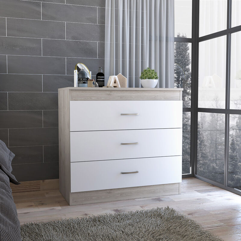 Melia Three Drawer Dresser, Superior Top, Metal Hardware - Light Gray White