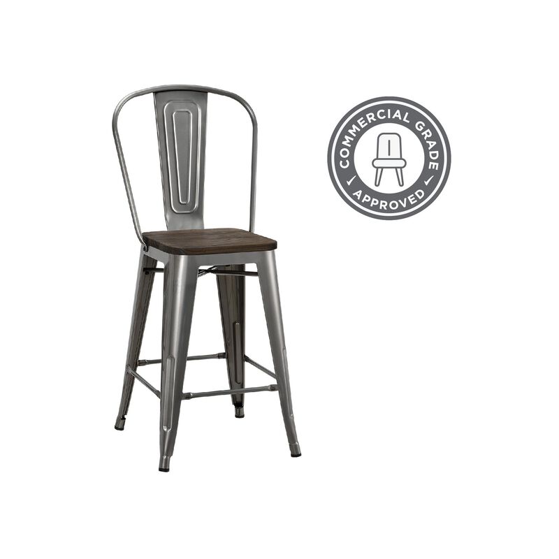 Atwater Living 24" Lainey Metal Counter Stool with Wood Seat, Set of 2, Steel Gray