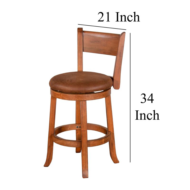Marv Swivel Counter Height Chair Set of 2, Brown Faux Leather, Wood - Benzara
