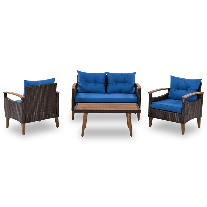 4-Piece Garden Furniture, Patio Seating Set, PE Rattan Outdoor Sofa Set, Wood Table And Legs
