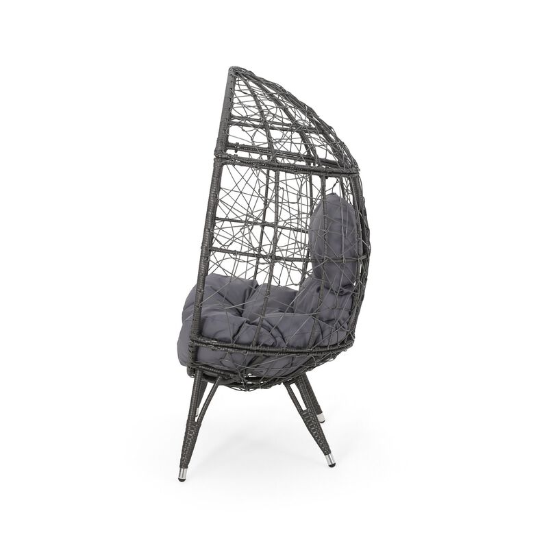 Fam Outdoor Accent Chair, Cocoon Egg Shaped, Abstract Gray PE Rattan - Benzara