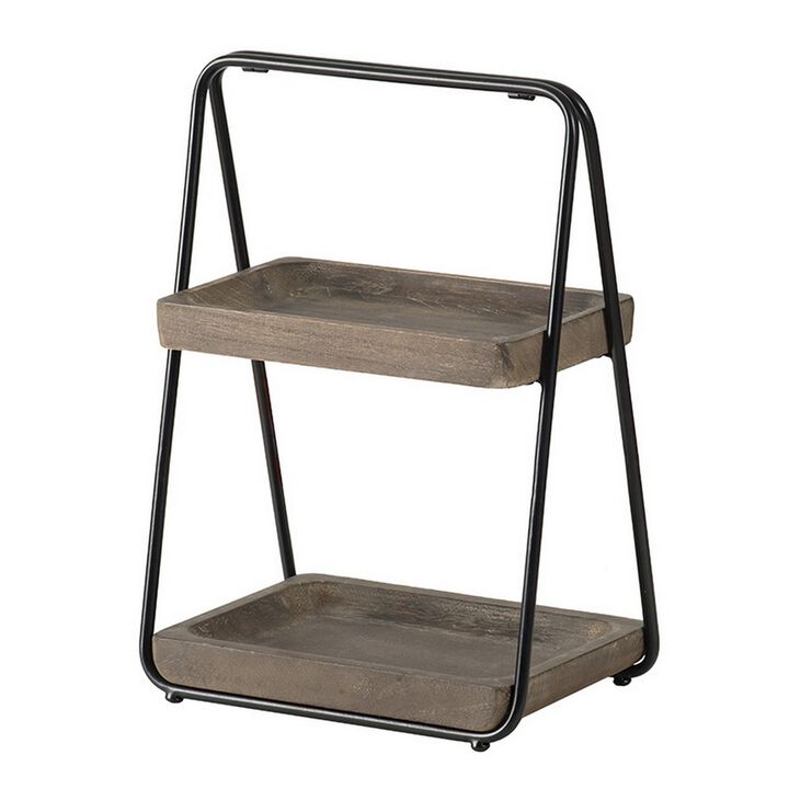 Nick 19 Inch 2 Tier Decorative Tray Stand, Black Iron Frame, Gray Wood - Benzara