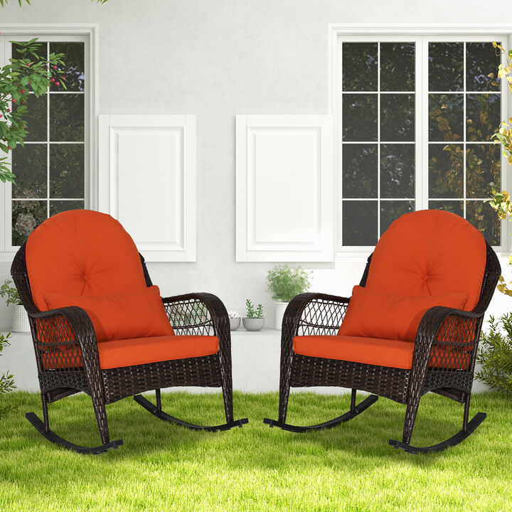 Patio Rattan Rocking Chair with Seat Back Cushions and Waist Pillow
