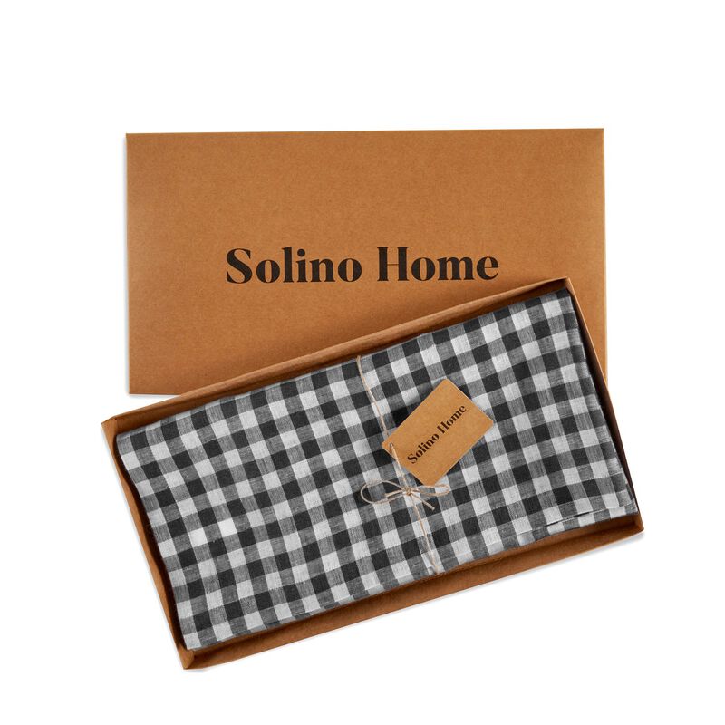 Solino Home 100% Pure Linen Table Throw 52 x 52 Inch | Gingham Check for Thanksgiving, Christmas