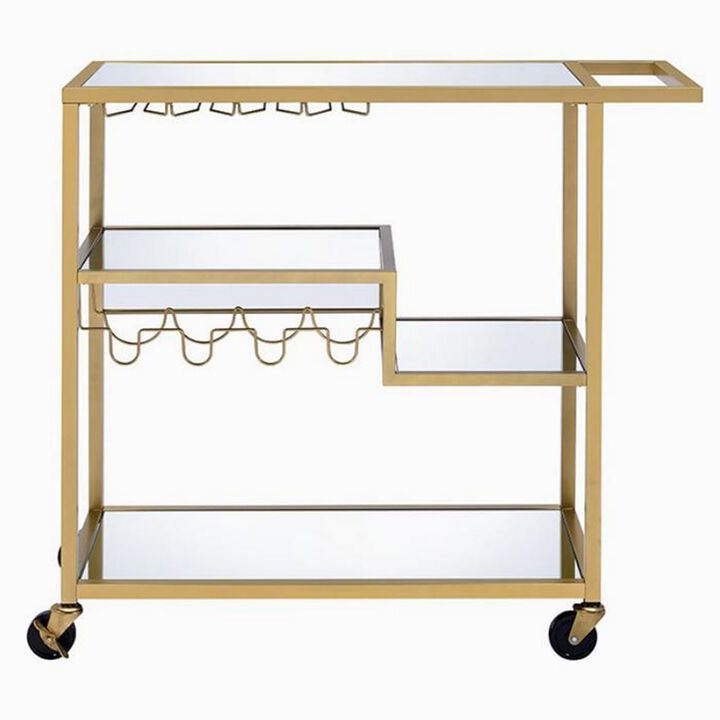 Metal Framed Serving Cart with Wine Bottle Holder and Stemware, Gold and Clear-Benzara