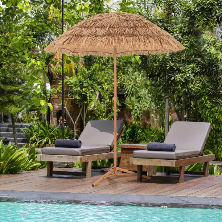Hivvago 6.5 Feet Thatched Tiki Umbrella with Foldable Stand Push Button Tilt