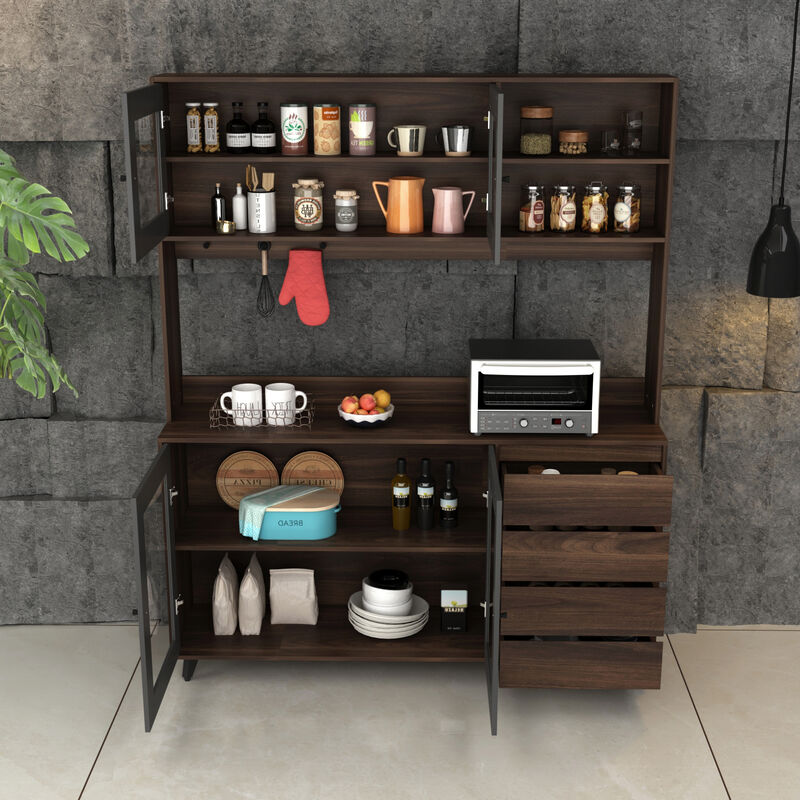 63 in. L Brown Wood Buffet Sideboard Pantry Cabinet with 4-Drawers, Hooks, Open Shelves, Doors for Kitchen Dining Room