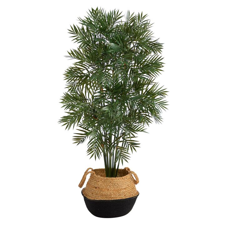 Nearly Natural 4-ft Parlor Palm Tree in Handmade Cotton & Jute Black Planter