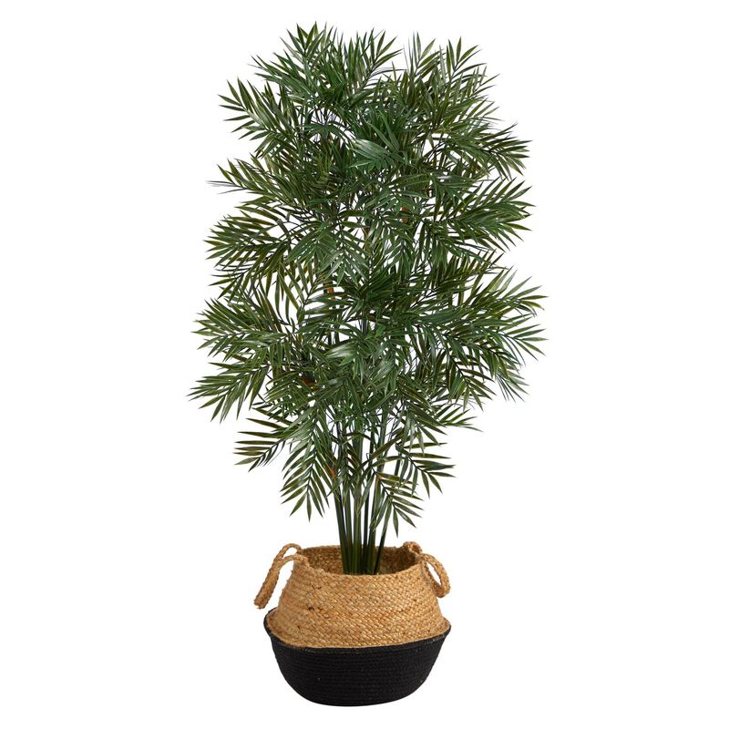 Nearly Natural 4-ft Parlor Palm Tree in Handmade Cotton & Jute Black Planter