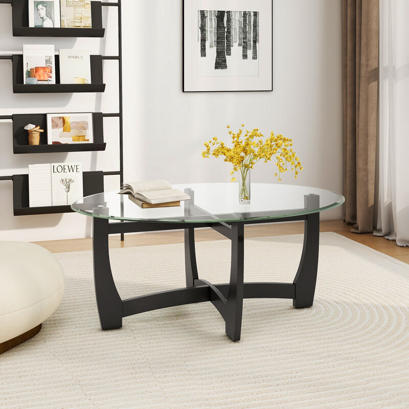 Oval Coffee Table with Tempered Glass Tabletop and Rubber Wood Legs