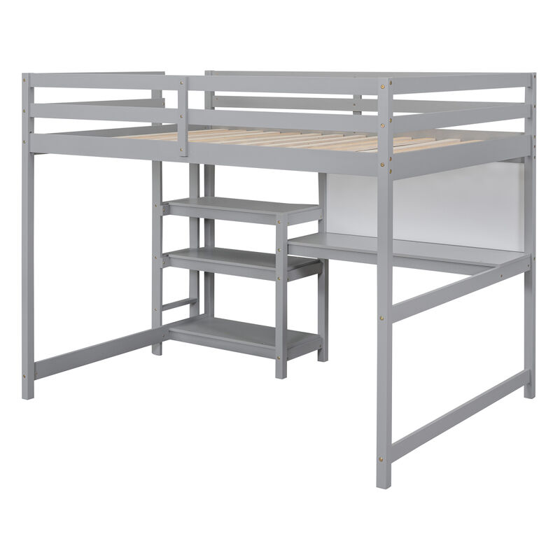 Full Size Wooden Loft Bed With Shelves, Desk And Writing Board