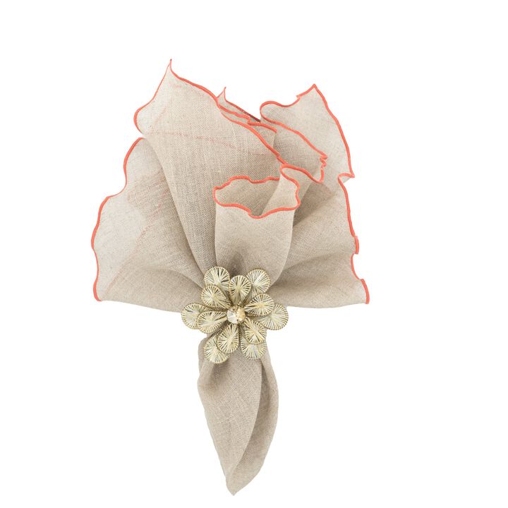Linen Napkins With Orange Ruffled Edges, Set Of 4