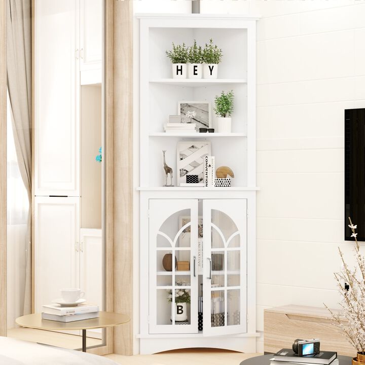 MONDAWE 63.3" Tall Freestanding Bookcase Corner Storage Cabinet with Doors and Adjustable Shelves 5-Tier Corner Display Cabinet