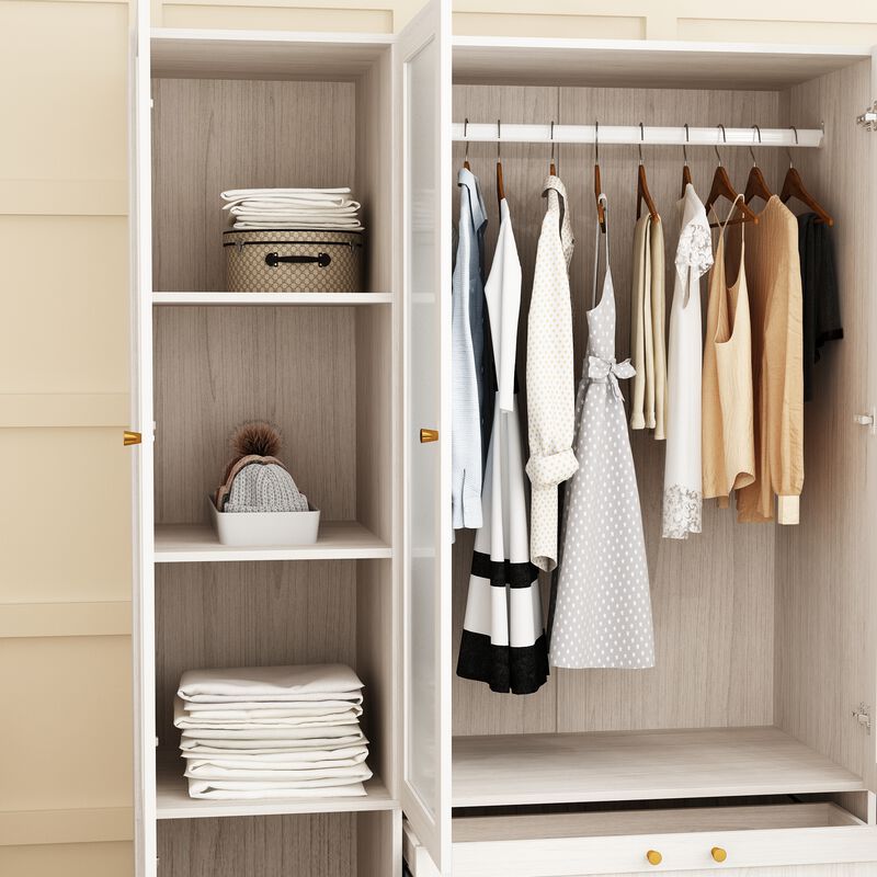 Beige Wood Grain 63 in. W Frosted Glass Doors Armoires with Hanging Rods, Drawers and Shelves 70.9 in. H x 19.7 in. D