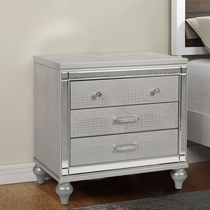 3 Drawer Wooden Nightstand with Mirror Accents and Faux Crystal Pulls, Gray - Benzara