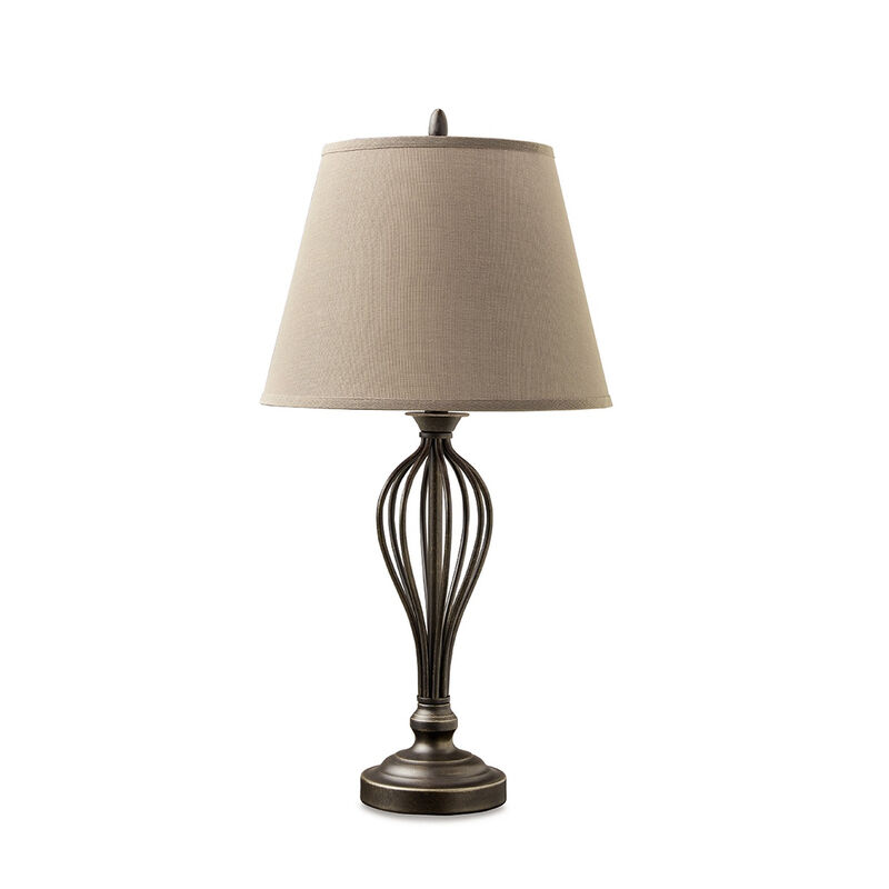 Table Lamp Set of 2, Curved Wired Bronze Base w Beige Fabric Shade - Benzara