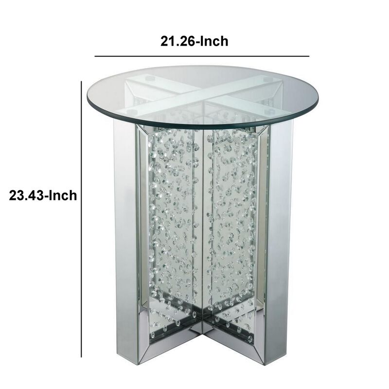 Round Mirrored Metal End Table with Glass Top and Crystal Accent Base, Silver-Benzara