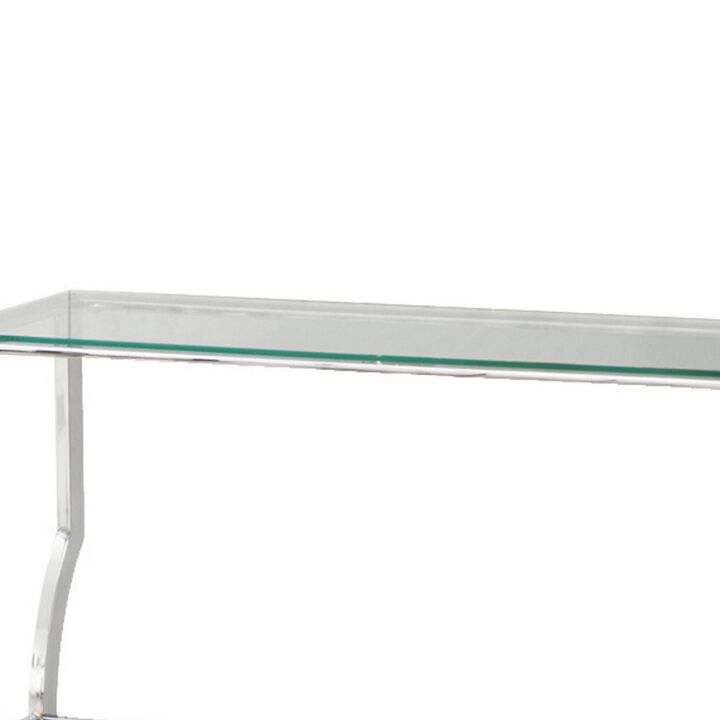 Glass Top Sofa Table with Metal Frame and Mirror Shelf, Chrome-Benzara