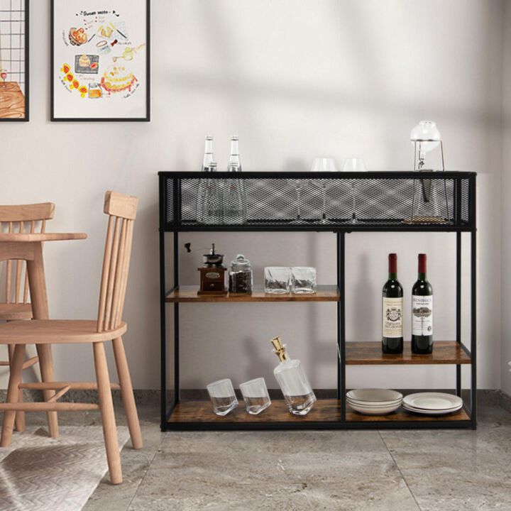 Hivvago 4-Tier Industrial Console Table with Wire Basket and shelf