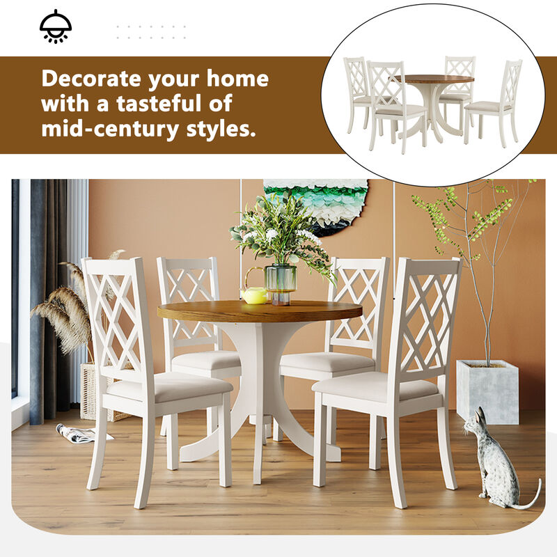 Merax Mid-Century Solid Wood 5-Piece Round Dining Table Set